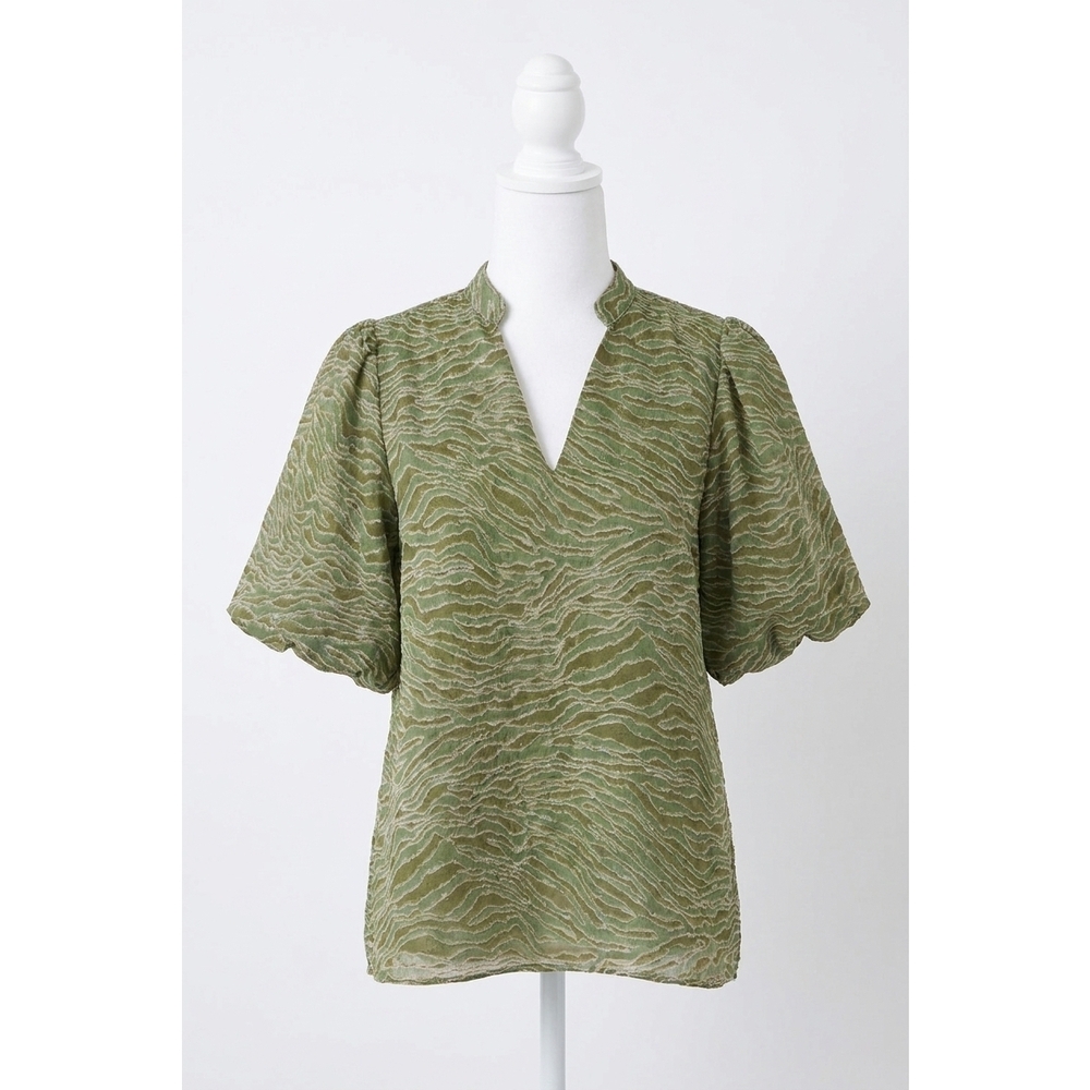 NEW ENTRO bubble sleeve v-neck top in olive